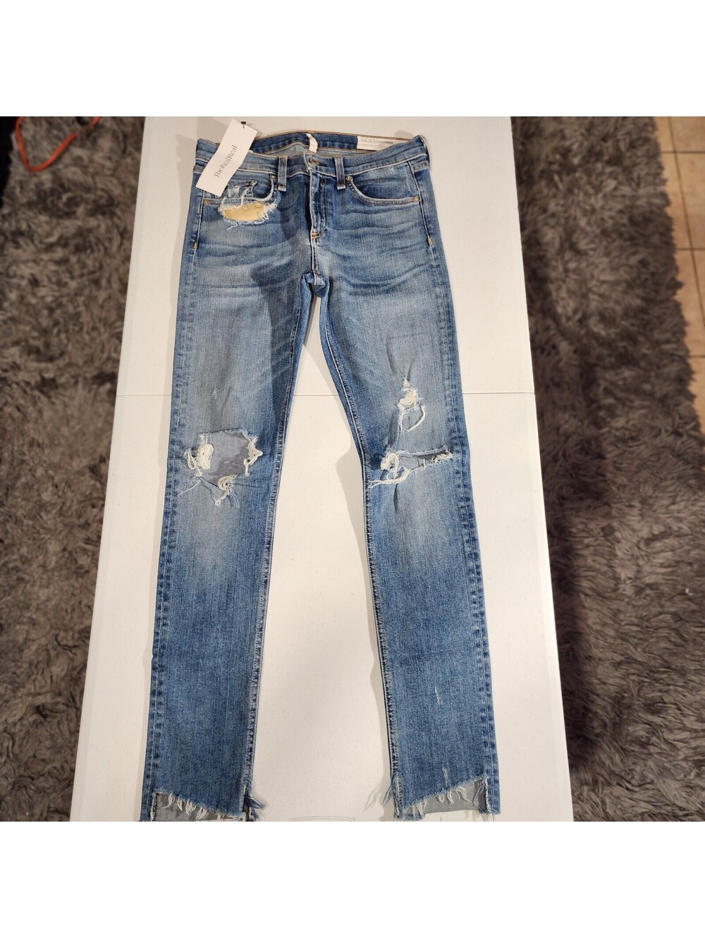 rag & bone Skinny Blue Denim Jeans Women Distressed Raw Hem Zip Button 5-Pocket